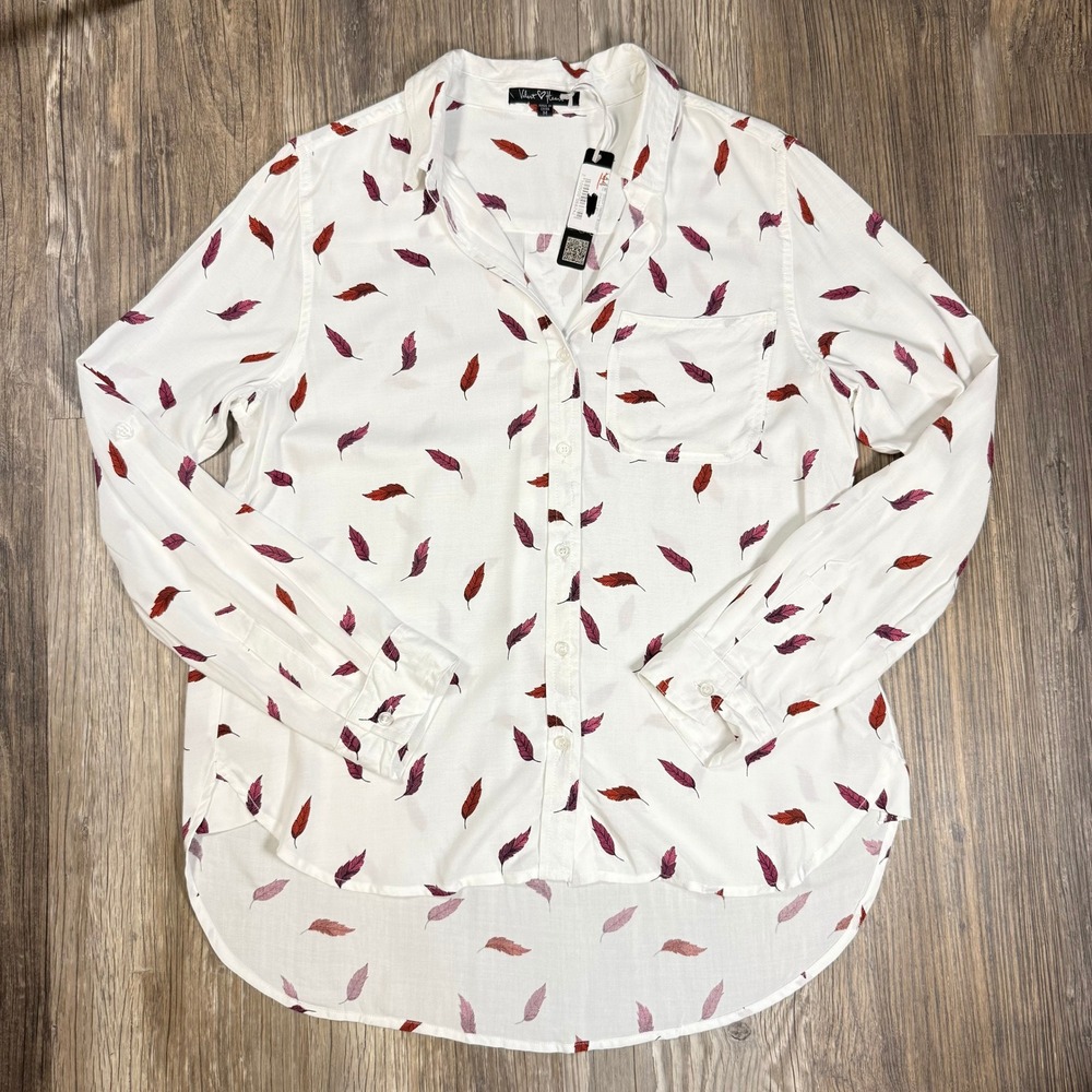 Airy Whimsigoth Soft White Feather‎ Print Roll Tab Button Front Blouse M NEW